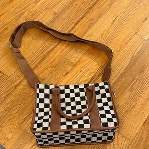 Checkered Tote Bag with Brown Straps